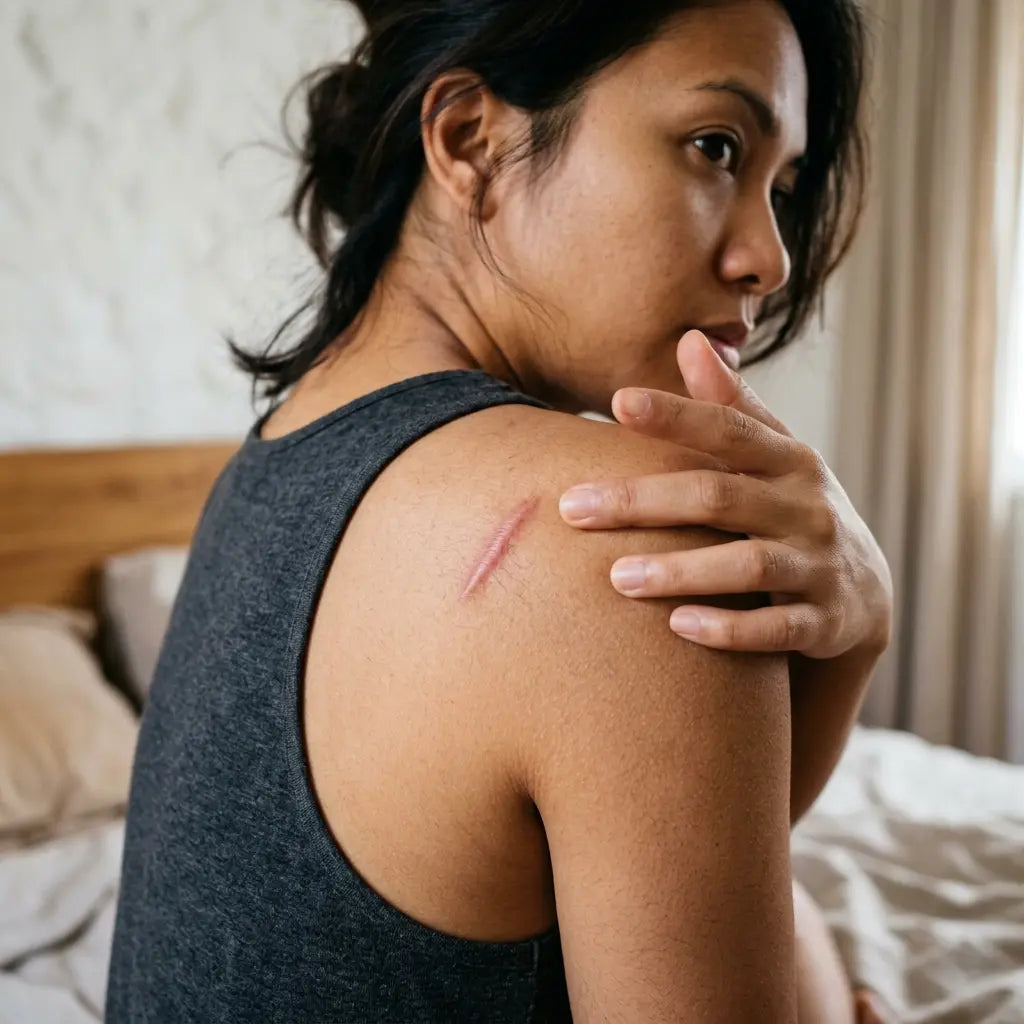 Gros plan sur l'épaule d'une femme de dos montrant une cicatrice linéaire en relief et rosée.