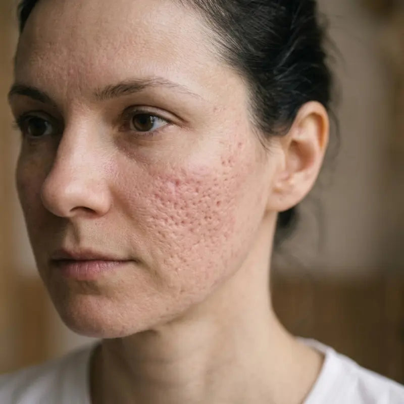 Cicatrices d'acné sur le visage avant traitement au stick silicone Effaze