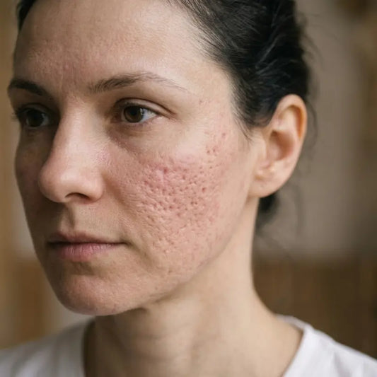 Cicatrices d'acné sur le visage avant traitement au stick silicone Effaze