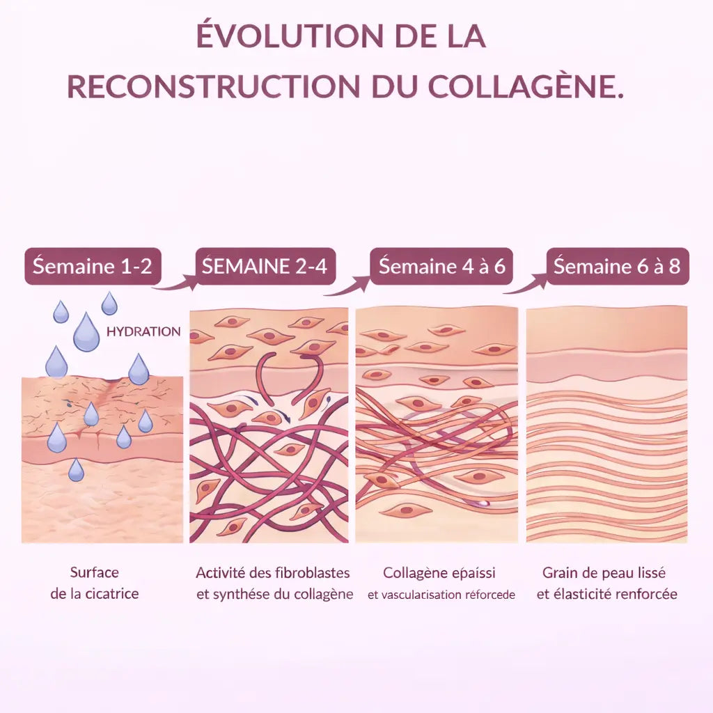 Schéma de l'évolution de la reconstruction du collagène sur plusieurs semaines avec EFFAZE
