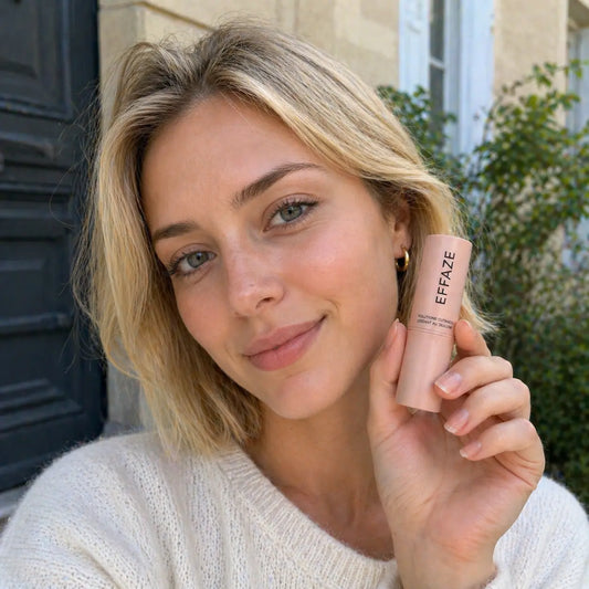 Femme appliquant le stick silicone médical EFFAZE sur des cicatrices d'acné du visage