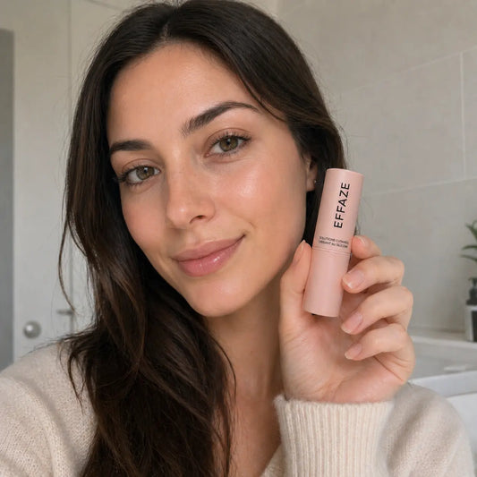 Jeune femme souriante intégrant le stick EFFAZE à sa routine beauté quotidienne