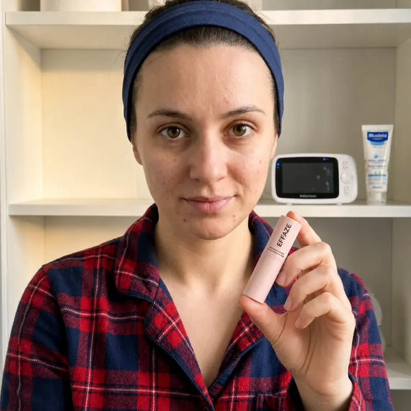 Cliente tenant le stick EFFAZE, avis vérifié sur les cicatrices d'acné et vergetures après une grossesse