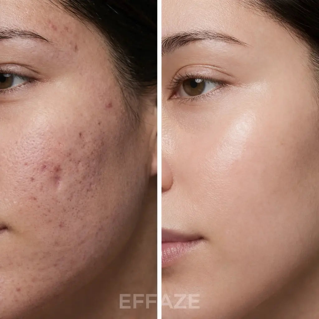 Comparaison avant/après d'une peau avec 
cicatrices d'acné : à gauche peau marquée, 
à droite peau visiblement lissée après 
utilisation du stick EFFAZE.