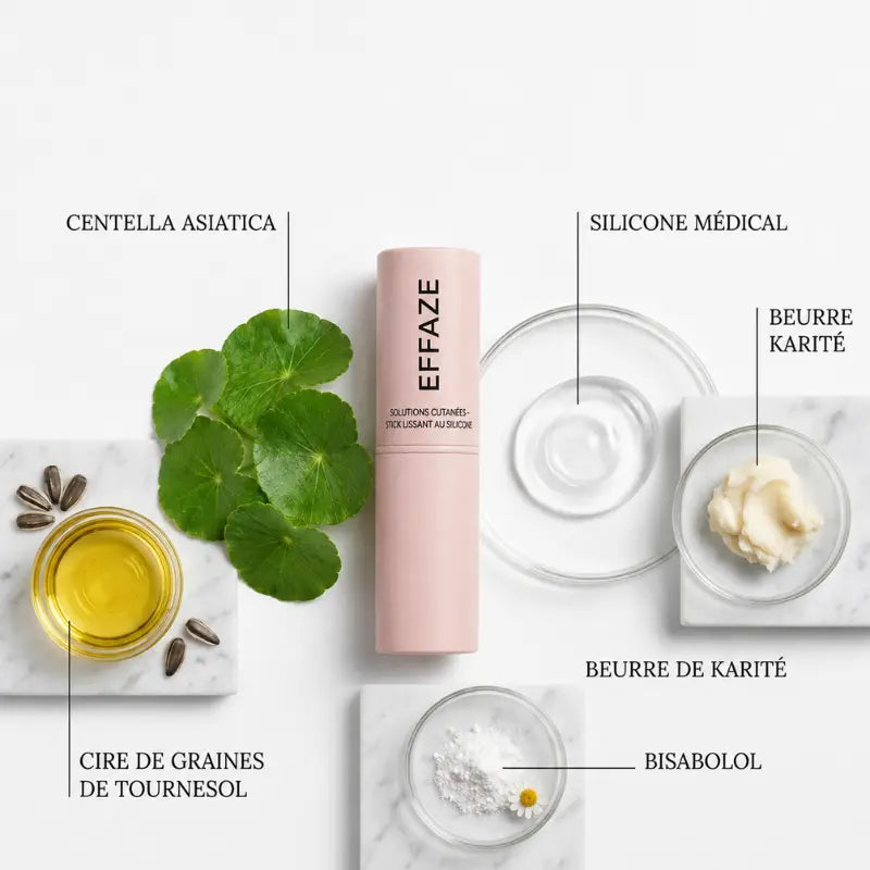 Ingrédients naturels stick EFFAZE silicone médical Centella Asiatica beurre karité Bisabolol cire tournesol soin cicatrices acné vergetures césarienne