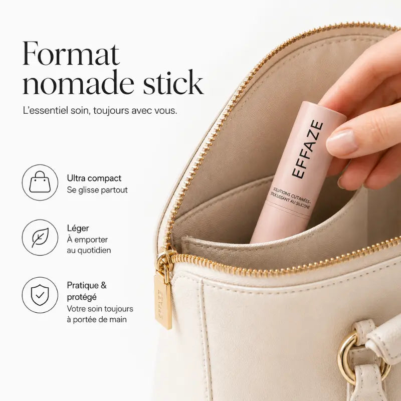 Stick EFFAZE format nomade ultra compact léger pratique soin cicatrices acné vergetures césarienne silicone médical à emporter au quotidien