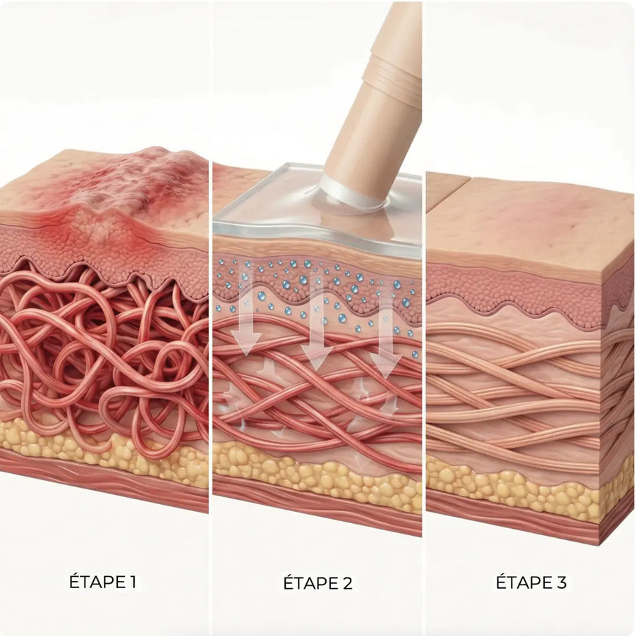 Schéma en 3 étapes : action du Stick Silicone Cicatrice Effaze sur les fibres de collagène d’une cicatrice