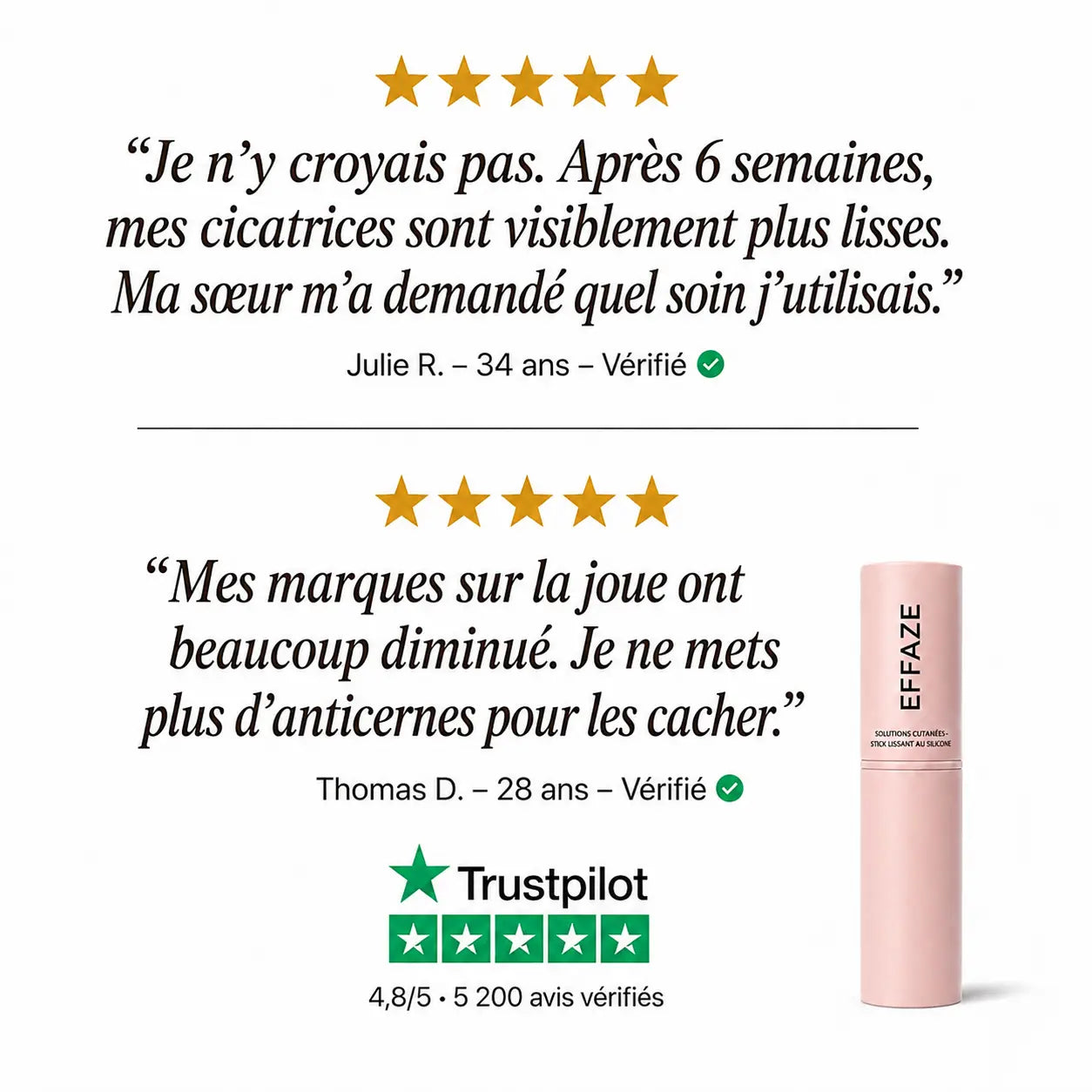 Avis clients vérifiés Trustpilot sur le stick réparateur de cicatrice Effaze, note 4,8/5
