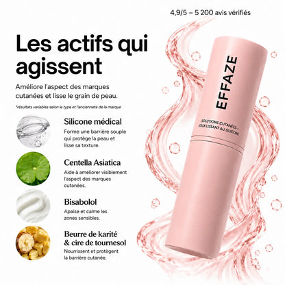 Ingrédients actifs du stick Effaze : silicone médical, Centella Asiatica, Bisabolol, beurre de karité